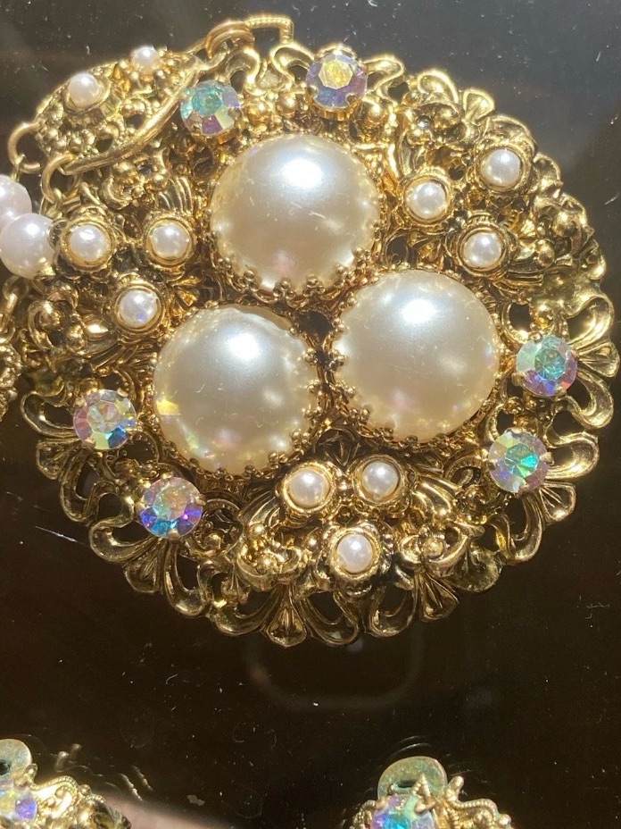 Western Germany Gold Pearl & Aurora Crystal Necklace & Earrings - Women Jewelry
